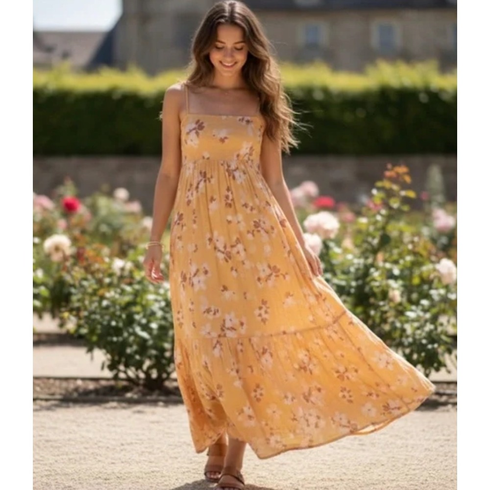 Abercrombie Fitch Yellow Floral Midi Dress Square Neck Womens Size XXSP